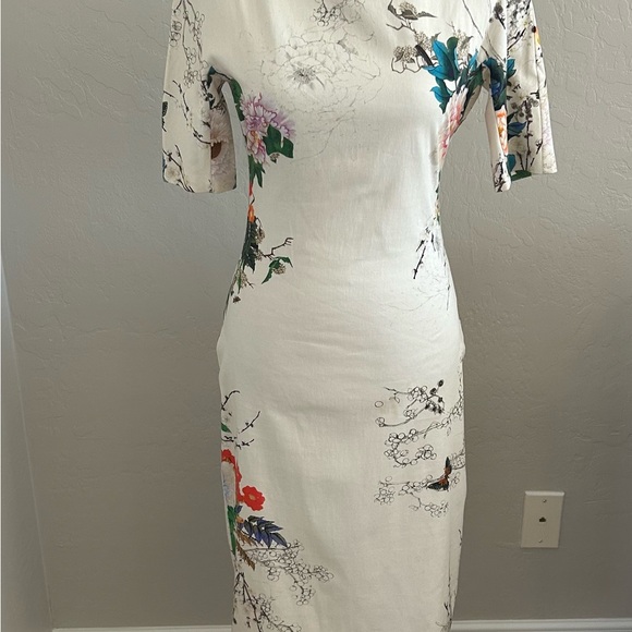 Zara Asian Floral Print Ivory Sheath Dress Size S - Picture 3 of 9